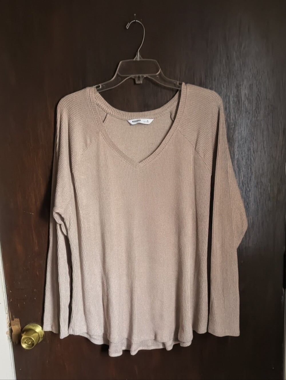Cozy V-Neck Ribbed Long-Sleeve Top - Taupe